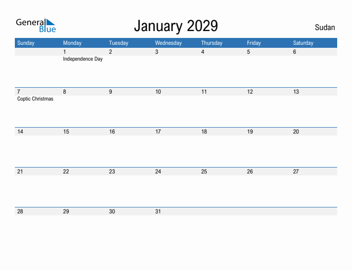 Fillable January 2029 Calendar