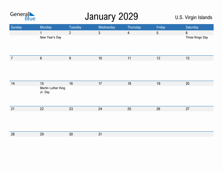 Fillable January 2029 Calendar