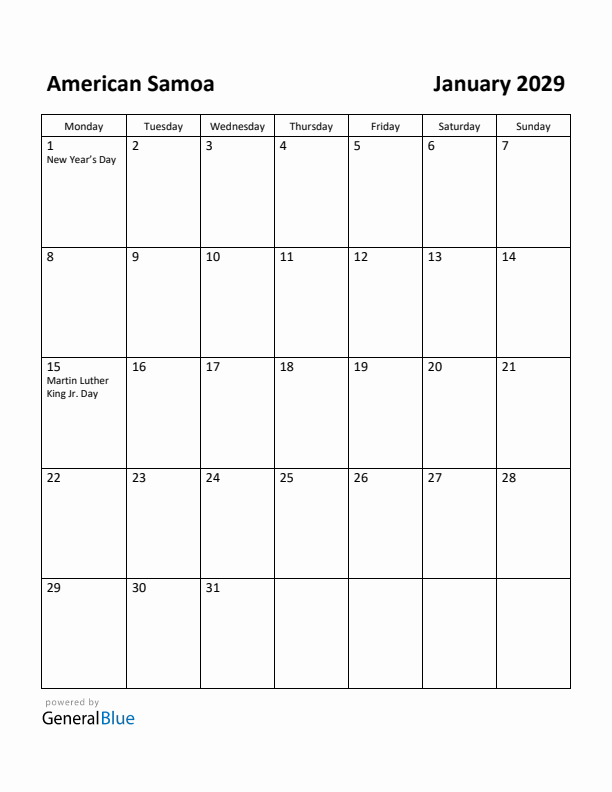 January 2029 Calendar with American Samoa Holidays