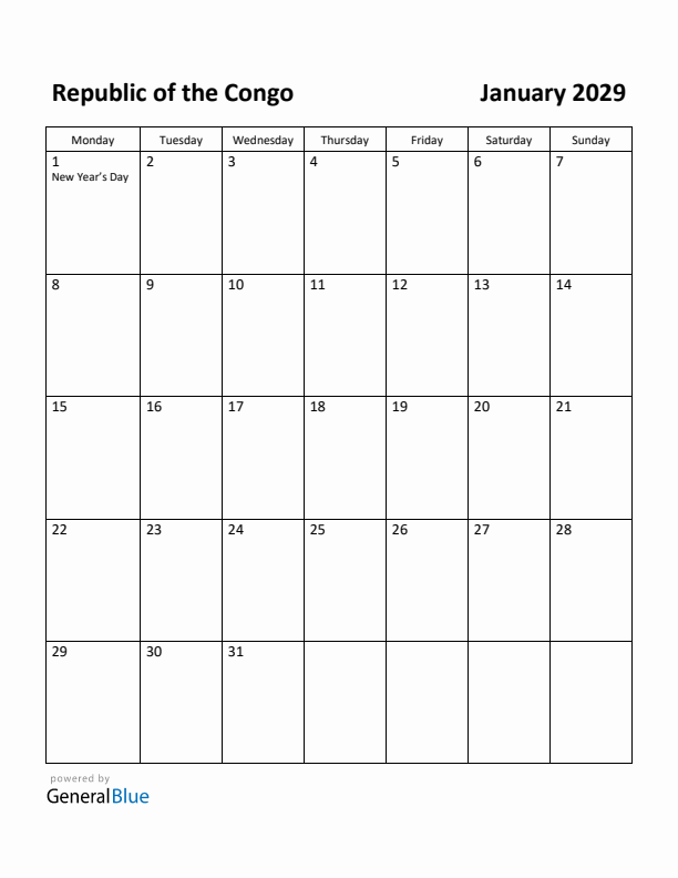 January 2029 Calendar with Republic of the Congo Holidays