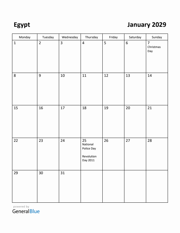 January 2029 Calendar with Egypt Holidays