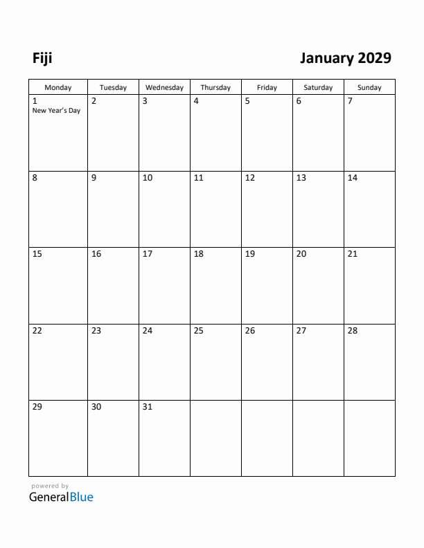 January 2029 Calendar with Fiji Holidays