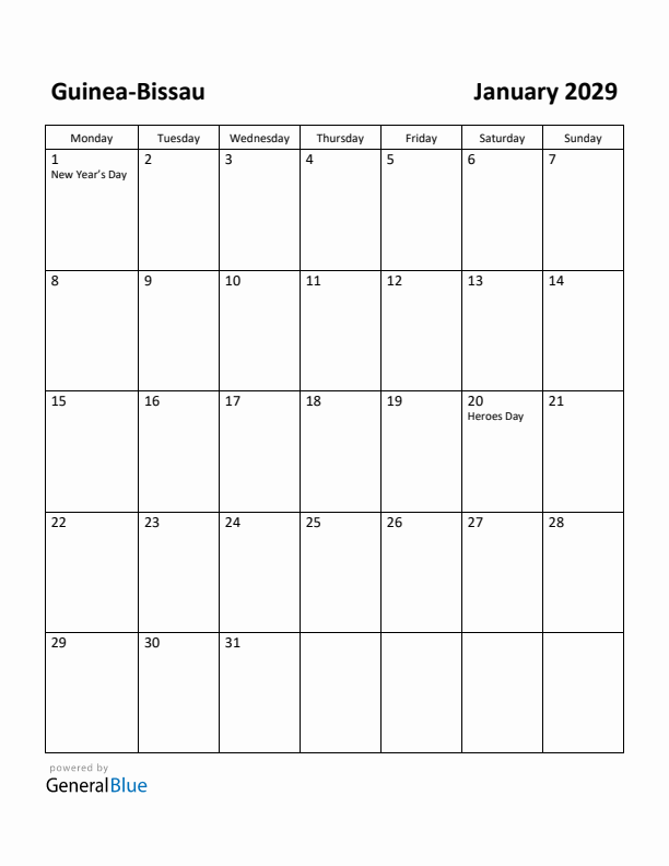January 2029 Calendar with Guinea-Bissau Holidays