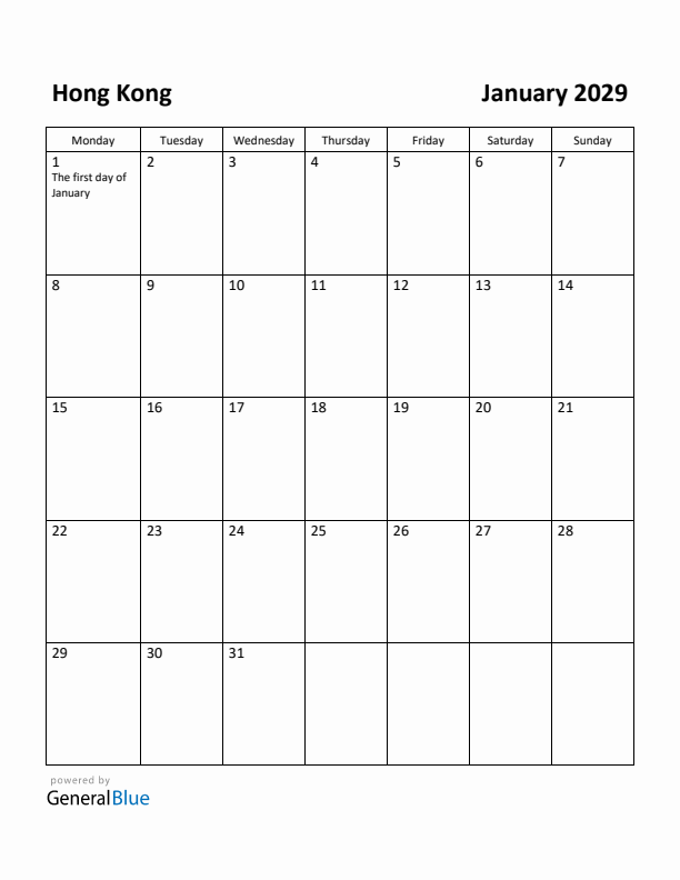 January 2029 Calendar with Hong Kong Holidays