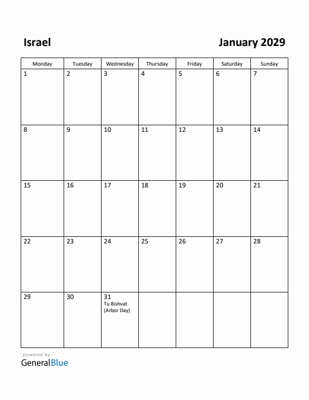 January 2029 Calendar with Israel Holidays