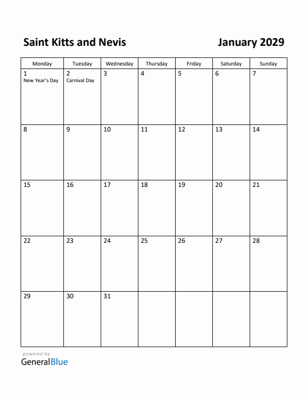 January 2029 Calendar with Saint Kitts and Nevis Holidays
