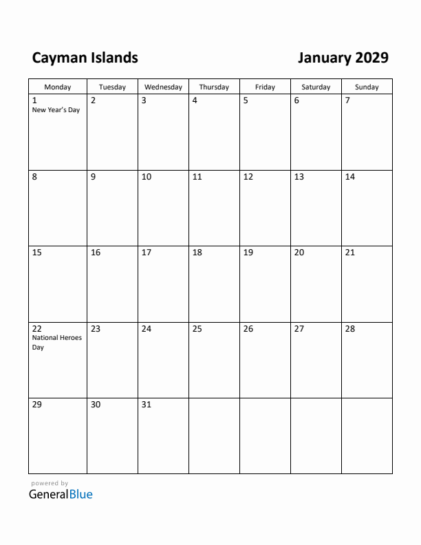 January 2029 Calendar with Cayman Islands Holidays