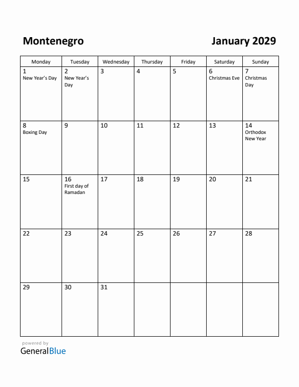 January 2029 Calendar with Montenegro Holidays