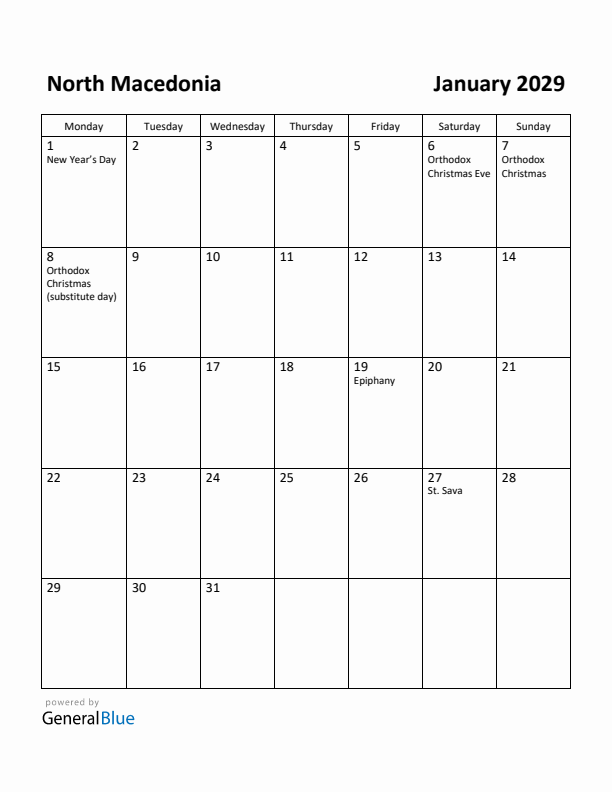 January 2029 Calendar with North Macedonia Holidays