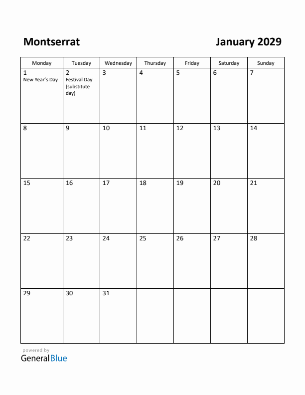 January 2029 Calendar with Montserrat Holidays