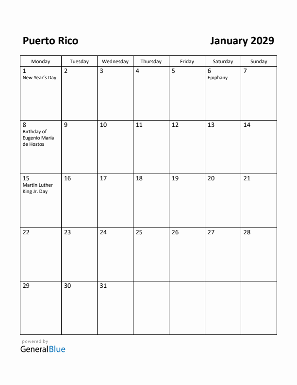 January 2029 Calendar with Puerto Rico Holidays