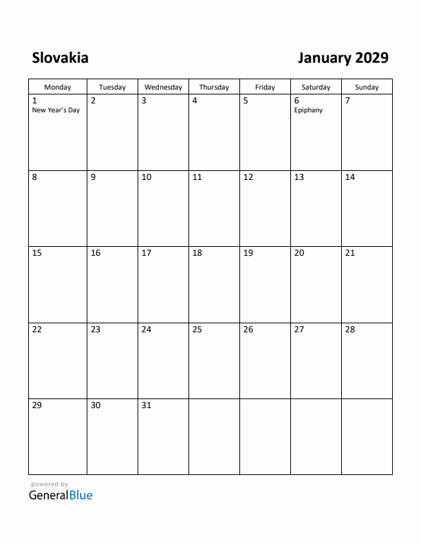 January 2029 Calendar with Slovakia Holidays