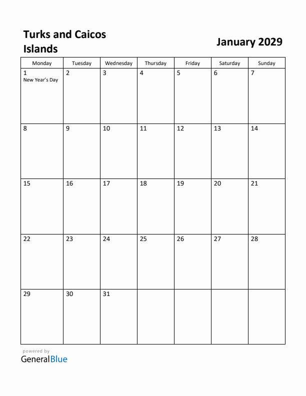 January 2029 Calendar with Turks and Caicos Islands Holidays
