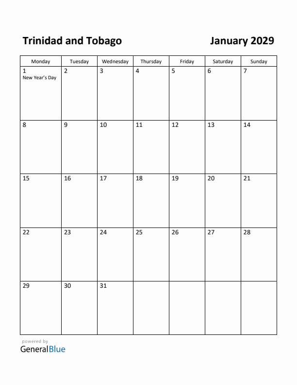 January 2029 Calendar with Trinidad and Tobago Holidays