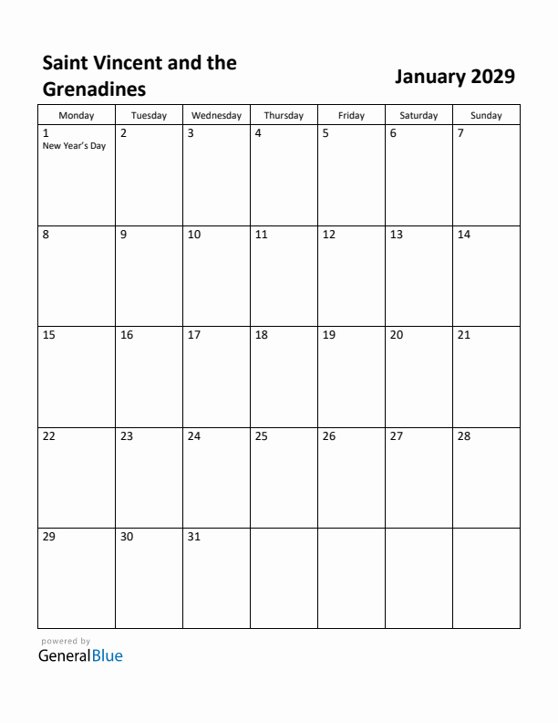 January 2029 Calendar with Saint Vincent and the Grenadines Holidays