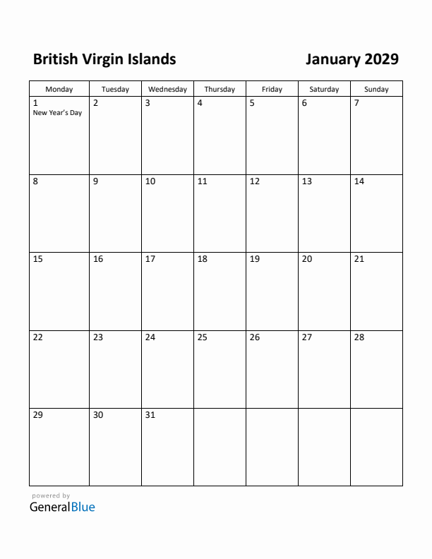 January 2029 Calendar with British Virgin Islands Holidays