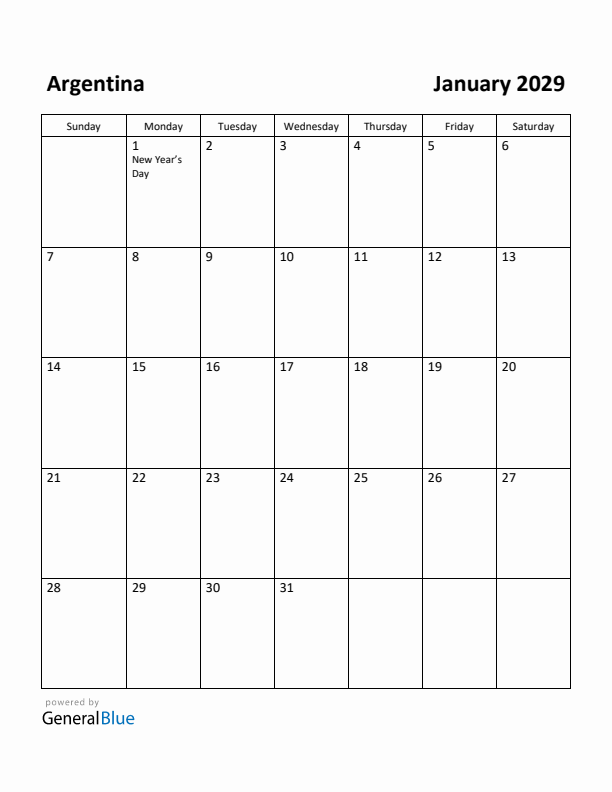 January 2029 Calendar with Argentina Holidays