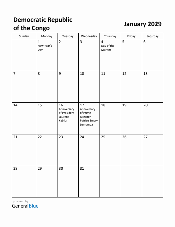 January 2029 Calendar with Democratic Republic of the Congo Holidays
