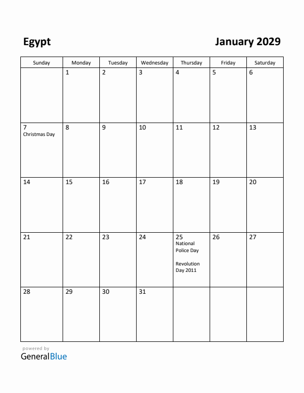 January 2029 Calendar with Egypt Holidays