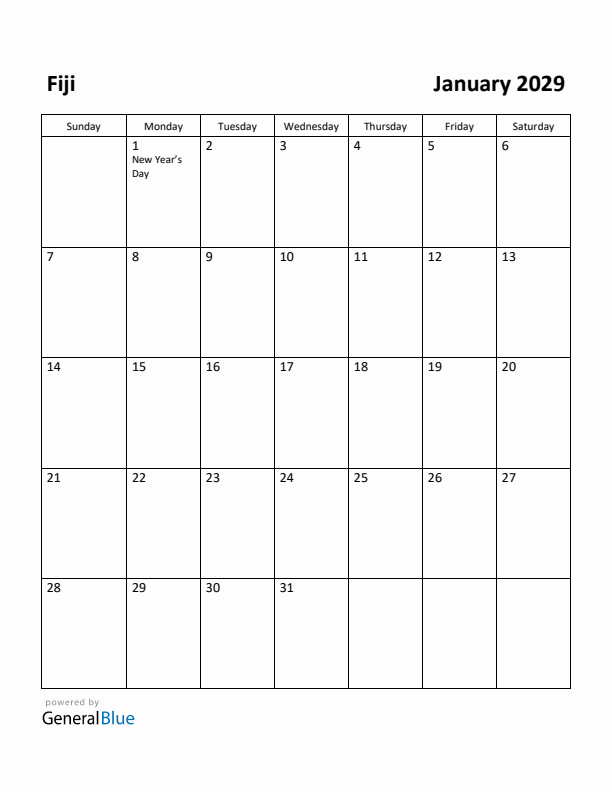 January 2029 Calendar with Fiji Holidays