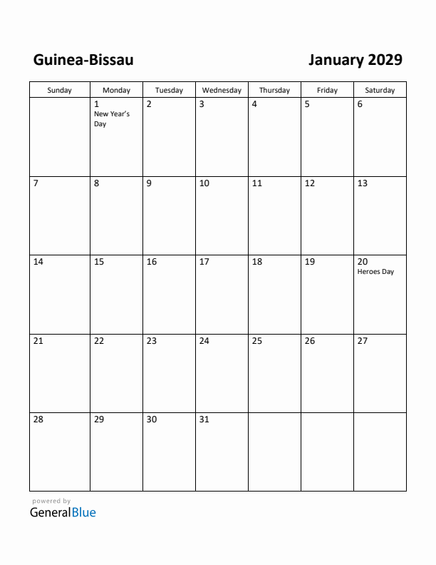 January 2029 Calendar with Guinea-Bissau Holidays