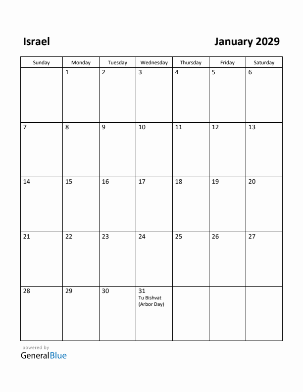 January 2029 Calendar with Israel Holidays
