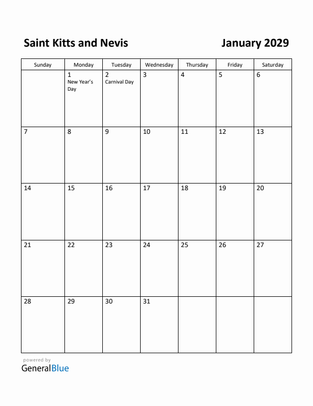January 2029 Calendar with Saint Kitts and Nevis Holidays