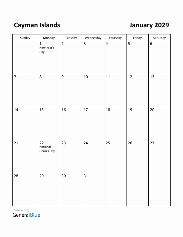 January 2029 Calendar with Cayman Islands Holidays