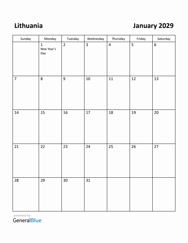 January 2029 Calendar with Lithuania Holidays