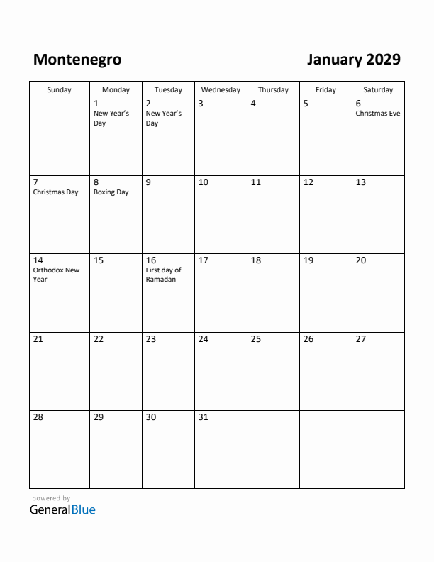 January 2029 Calendar with Montenegro Holidays