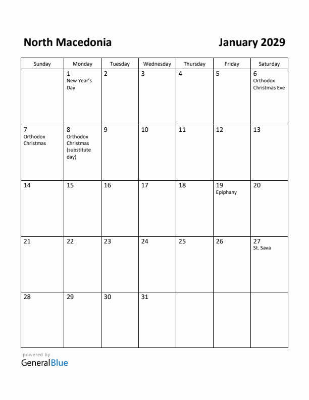 January 2029 Calendar with North Macedonia Holidays