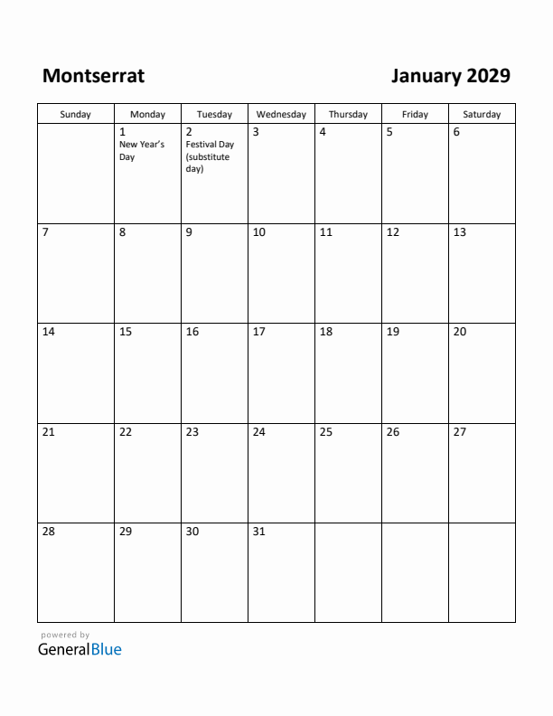January 2029 Calendar with Montserrat Holidays