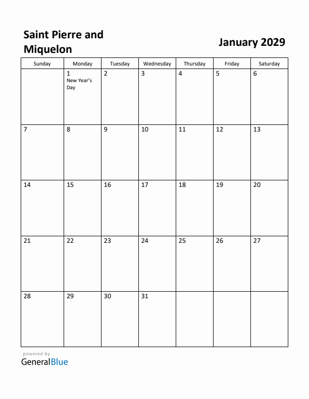January 2029 Calendar with Saint Pierre and Miquelon Holidays