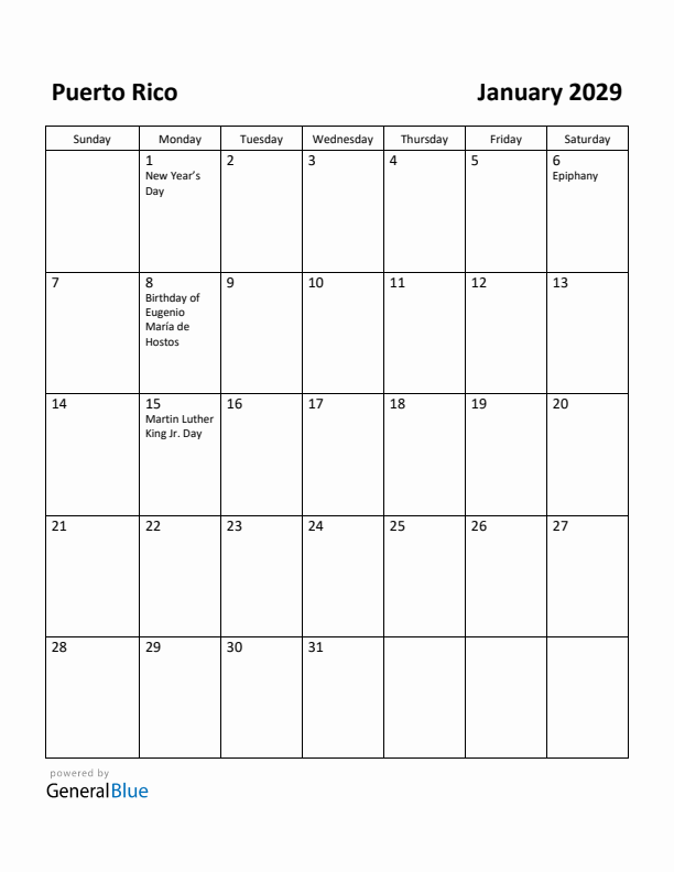 January 2029 Calendar with Puerto Rico Holidays