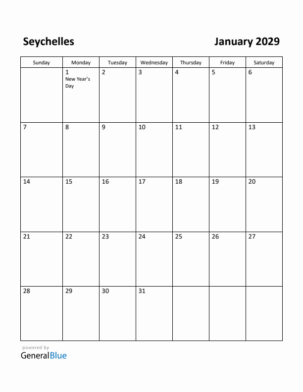January 2029 Calendar with Seychelles Holidays