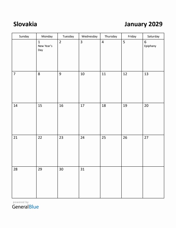 January 2029 Calendar with Slovakia Holidays