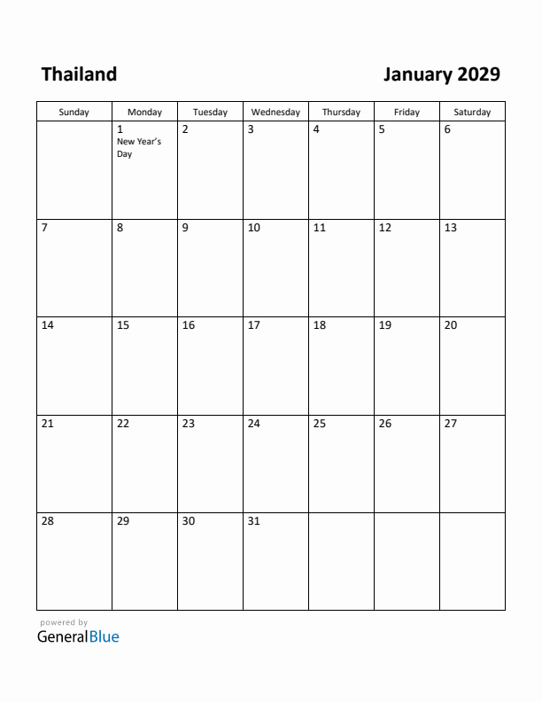 January 2029 Calendar with Thailand Holidays