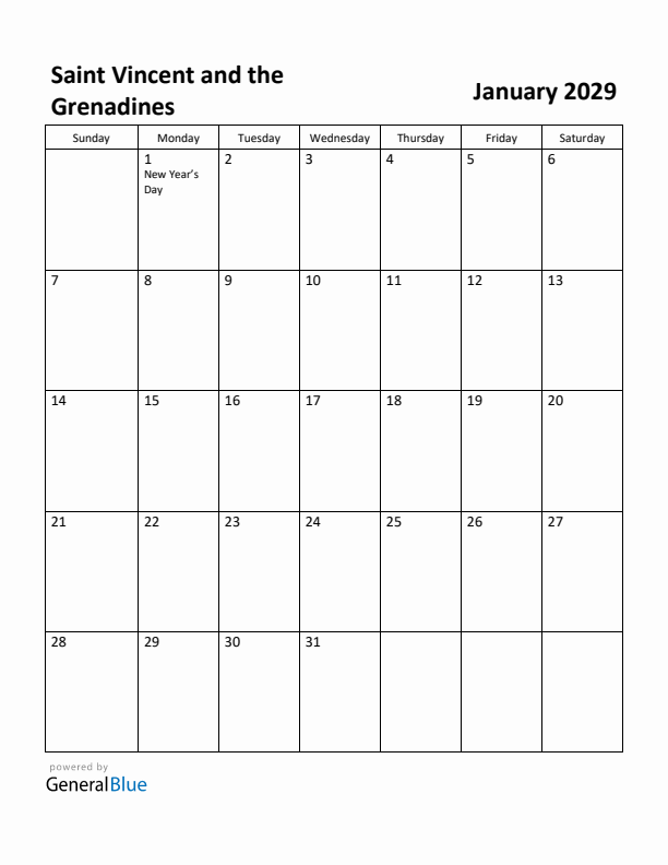 January 2029 Calendar with Saint Vincent and the Grenadines Holidays