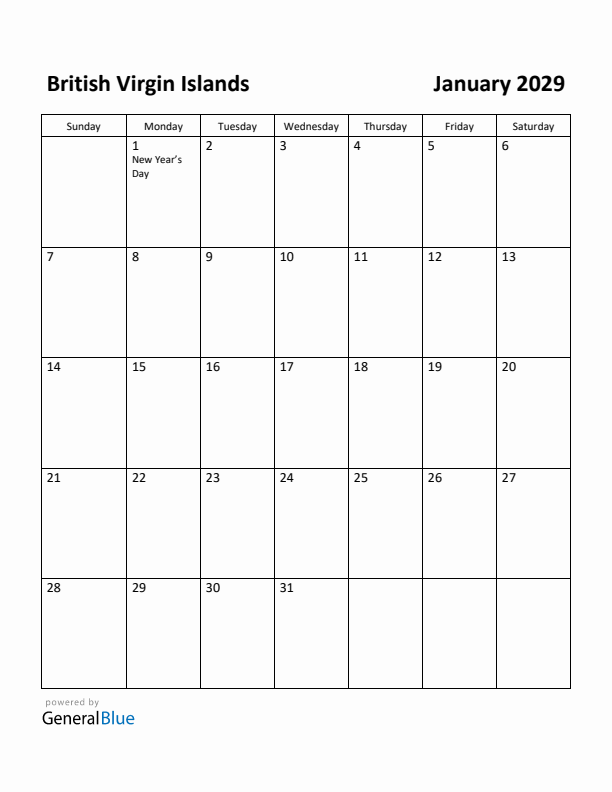 January 2029 Calendar with British Virgin Islands Holidays