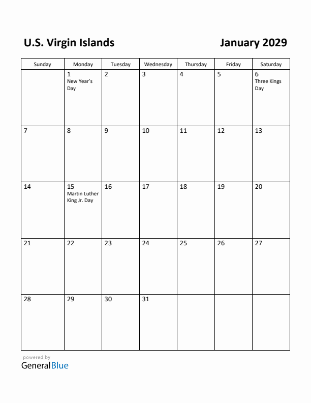 January 2029 Calendar with U.S. Virgin Islands Holidays