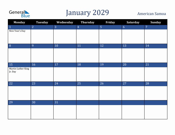 January 2029 American Samoa Calendar (Monday Start)