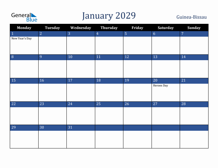 January 2029 Guinea-Bissau Calendar (Monday Start)
