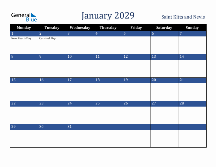 January 2029 Saint Kitts and Nevis Calendar (Monday Start)