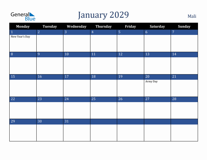 January 2029 Mali Calendar (Monday Start)
