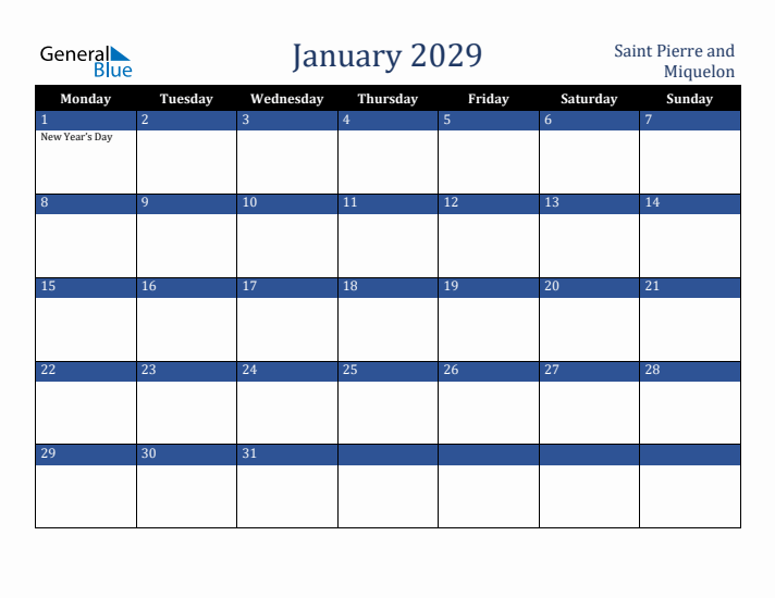 January 2029 Saint Pierre and Miquelon Calendar (Monday Start)