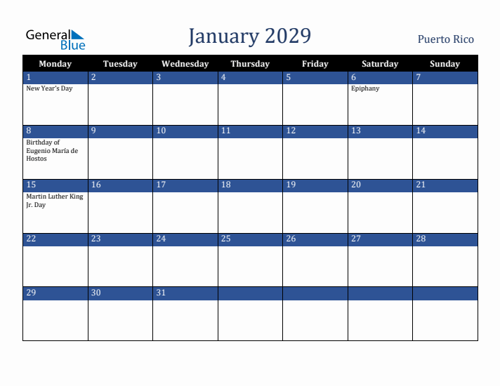 January 2029 Puerto Rico Calendar (Monday Start)