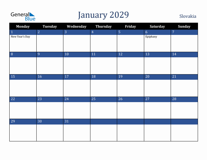 January 2029 Slovakia Calendar (Monday Start)