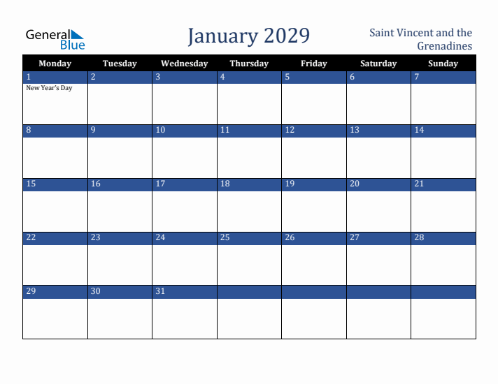 January 2029 Saint Vincent and the Grenadines Calendar (Monday Start)