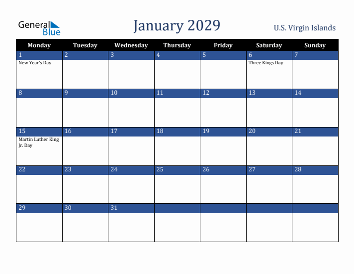January 2029 U.S. Virgin Islands Calendar (Monday Start)