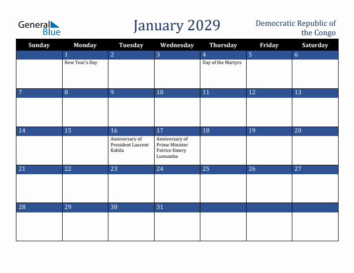 January 2029 Democratic Republic of the Congo Calendar (Sunday Start)